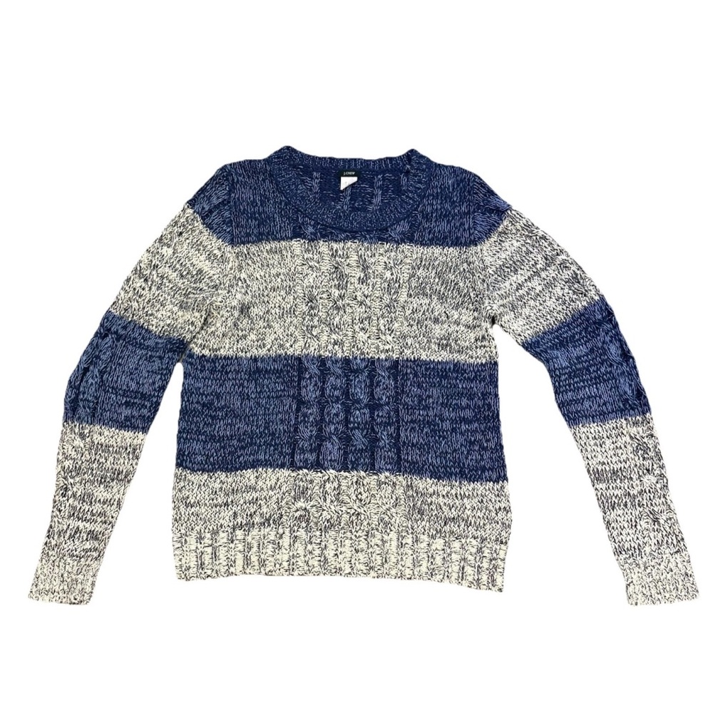 J.Crew Sweater Women XL Blue Gray Big Stripe Cable Knit Linen Blend Sweater